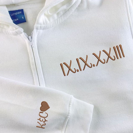 Personalised Zip Up Hoodie, Roman Numeral Custom Embroidered Jumper, Couple Matching Anniversary Date Hoody, Custom Initial Heart Sweatshirt