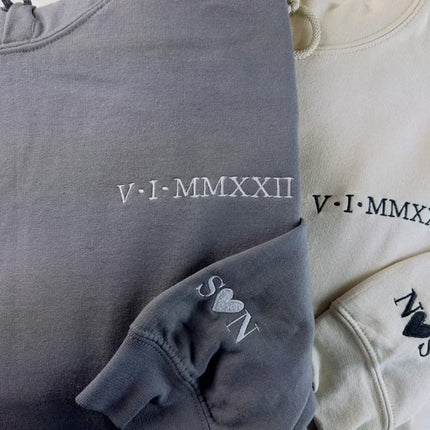 Embroidered Roman Numeral Couple Hoodie, Personalised Matching Anniversary Hoody, Initials GF BF Special Date Pullover Jumper, Fiance Gifts