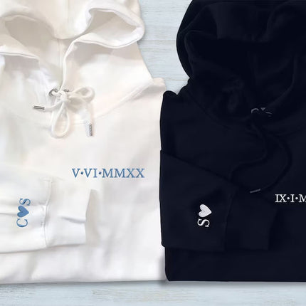 Matching Couple Hoodie, Custom One Year Anniversary Initial Heart Hoodie, Embroidered Roman Numeral Sweatshirt, GF BF Couple Matching Jumper