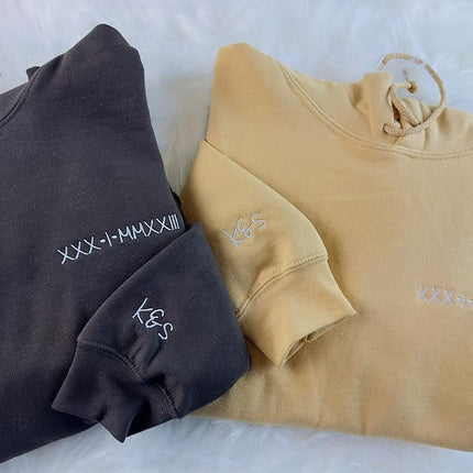 Embroidered Roman Numeral Couple Hoodie, Personalised Matching Anniversary Hoody, Initials GF BF Special Date Pullover Jumper, Fiance Gifts