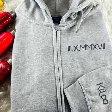 Personalised Zip Up Hoodie, Roman Numeral Custom Embroidered Jumper, Couple Matching Anniversary Date Hoody, Custom Initial Heart Sweatshirt