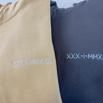 Embroidered Roman Numeral Couple Hoodie, Personalised Matching Anniversary Hoody, Initials GF BF Special Date Pullover Jumper, Fiance Gifts
