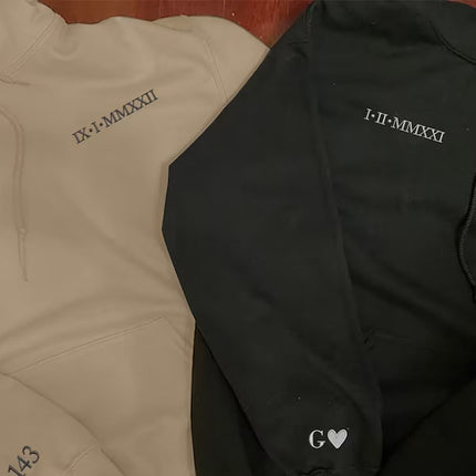 Matching Couple Hoodie, Custom One Year Anniversary Initial Heart Hoodie, Embroidered Roman Numeral Sweatshirt, GF BF Couple Matching Jumper