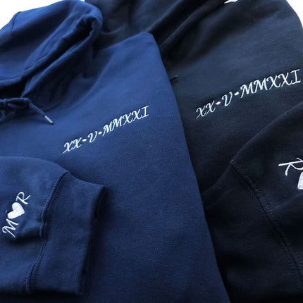 Personalised Matching Hoodie, Embroidered Roman Numeral Hoody, Custom Anniversary Initial Couple Matching Jumper, Relationship Gift for GF