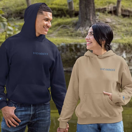 Matching Couple Hoodie, Custom One Year Anniversary Initial Heart Hoodie, Embroidered Roman Numeral Sweatshirt, GF BF Couple Matching Jumper
