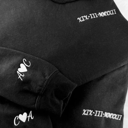 Embroidered Roman Numeral Couple Hoodie, Personalised Matching Anniversary Hoody, Initials GF BF Special Date Pullover Jumper, Fiance Gifts