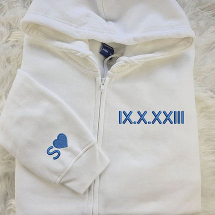 Personalised Zip Up Hoodie, Roman Numeral Custom Embroidered Jumper, Couple Matching Anniversary Date Hoody, Custom Initial Heart Sweatshirt