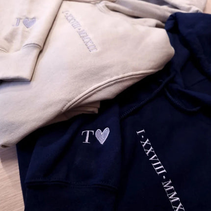 Personalised Embroidered Roman Numeral Hoodie, Custom Date with Initial Matching Couple Hoody, Minimalist Engagement Outfit, Mr and Mrs Gift