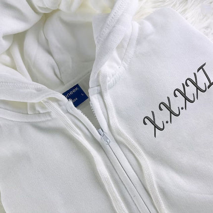 Personalised Zip Up Hoodie, Roman Numeral Custom Embroidered Jumper, Couple Matching Anniversary Date Hoody, Custom Initial Heart Sweatshirt