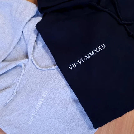 Personalised Embroidered Roman Numeral Hoodie, Custom Date with Initial Matching Couple Hoody, Minimalist Engagement Outfit, Mr and Mrs Gift