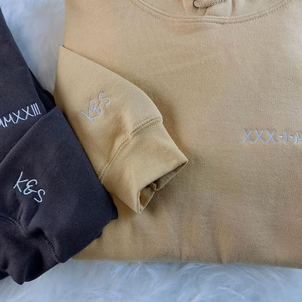Embroidered Roman Numeral Couple Hoodie, Personalised Matching Anniversary Hoody, Initials GF BF Special Date Pullover Jumper, Fiance Gifts