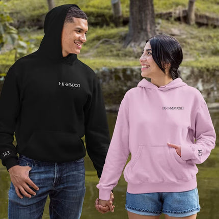 Matching Couple Hoodie, Custom One Year Anniversary Initial Heart Hoodie, Embroidered Roman Numeral Sweatshirt, GF BF Couple Matching Jumper