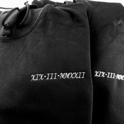 Embroidered Roman Numeral Couple Hoodie, Personalised Matching Anniversary Hoody, Initials GF BF Special Date Pullover Jumper, Fiance Gifts