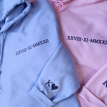 Personalised Anniversary Matching Hoodie, Custom Roman Numeral Embroidered Hoody for Couple, Initial Matching Wifey Pullover, Boyfriend Gift