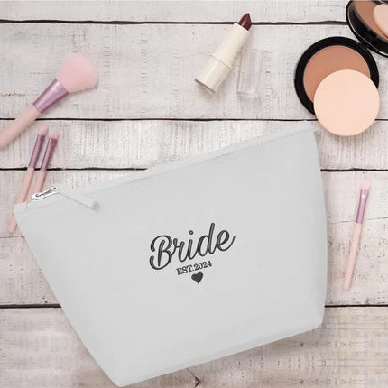 Custom Bride Embroidered Makeup Bag, Personalised Wedding Date Canvas Bag, Bride To Be Cosmetic Organiser Bag, Future Mrs Engagement Gifts
