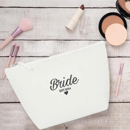 Custom Bride Embroidered Makeup Bag, Personalised Wedding Date Canvas Bag, Bride To Be Cosmetic Organiser Bag, Future Mrs Engagement Gifts