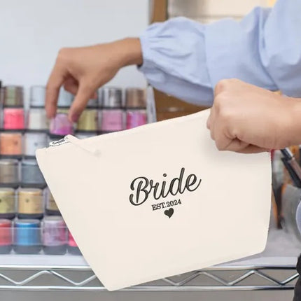 Custom Bride Embroidered Makeup Bag, Personalised Wedding Date Canvas Bag, Bride To Be Cosmetic Organiser Bag, Future Mrs Engagement Gifts