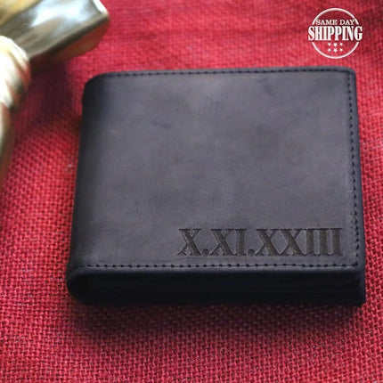 Custom Engraved Leather Men Wallet, Personalised Roman Numeral Date Wallet