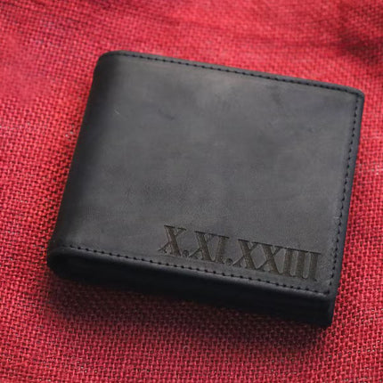 Custom Engraved Leather Men Wallet, Personalised Roman Numeral Date Wallet