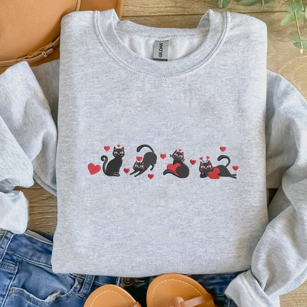 Valentines Black Cats Sweatshirt, Cats with Love Hearts Embroidered Jumpers, Cat Lovers Valentines Day Sweater, Valentines Day Gift for Her
