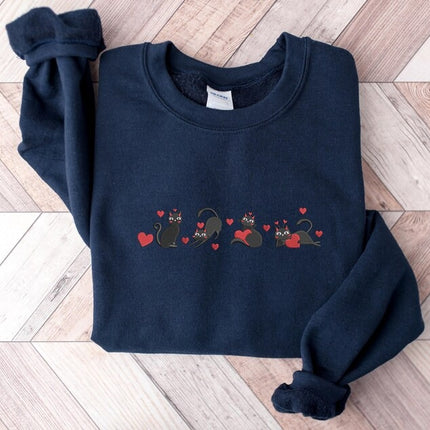 Valentines Black Cats Sweatshirt, Cats with Love Hearts Embroidered Jumpers, Cat Lovers Valentines Day Sweater, Valentines Day Gift for Her