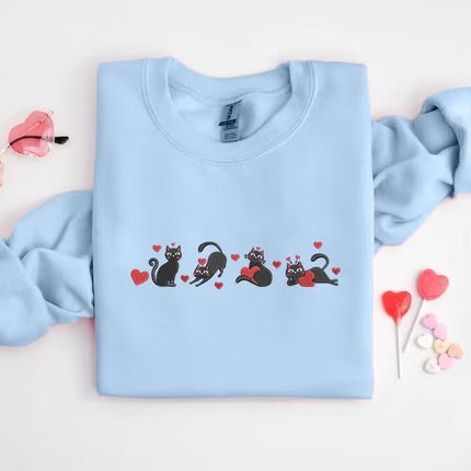Valentines Black Cats Sweatshirt, Cats with Love Hearts Embroidered Jumpers, Cat Lovers Valentines Day Sweater, Valentines Day Gift for Her