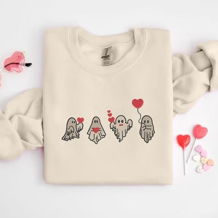 Valentines Day Ghost Sweatshirt Embroidered Ghosts with Hearts Jumper, Spooky Valentines Sweater, Be my Boo Tops, Funny Valentines Day Gifts