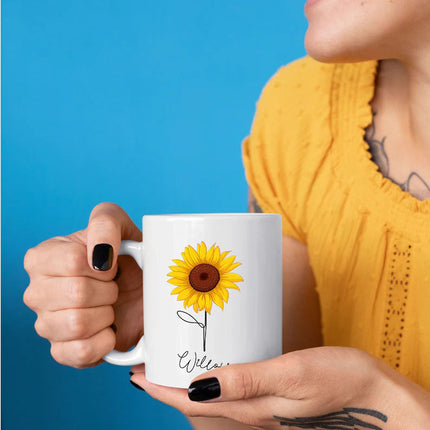 Personalised Name Sunflower Mug, Sunflower Printed White Ceramic Mugs