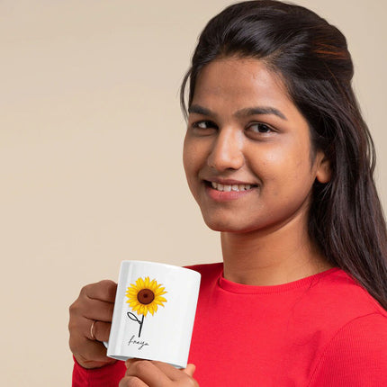 Personalised Name Sunflower Mug, Sunflower Printed White Ceramic Mugs