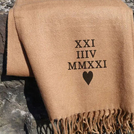 Personalised Roman Numeral Scarf, Embroidered Special Wedding Date Scarf, Custom Comfy Woven Long Winter Scarves, Anniversary Gift for Wife