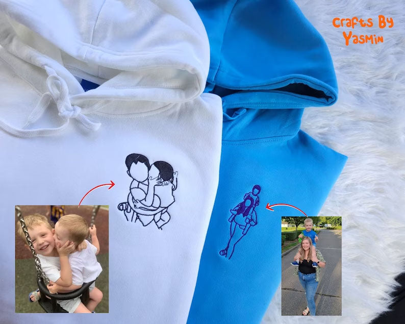 Custom Photo Embroidered Hoodie, Personalised Family Matching Sketch from Photo Unisex Jumper, 1st Anniversary Special Date Initial Sweater