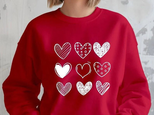 Valentines Hearts Woman Sweatshirt, Valentine Day Printed Sweater for Her, Nine Hearts Crewneck Jumper, Valentine Day Gifts for Girlfriend