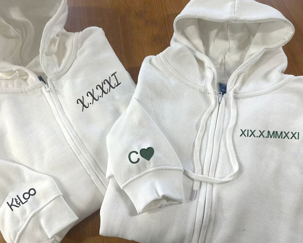 Personalised Zip Up Hoodie, Roman Numeral Custom Embroidered Jumper, Couple Matching Anniversary Date Hoody, Custom Initial Heart Sweatshirt