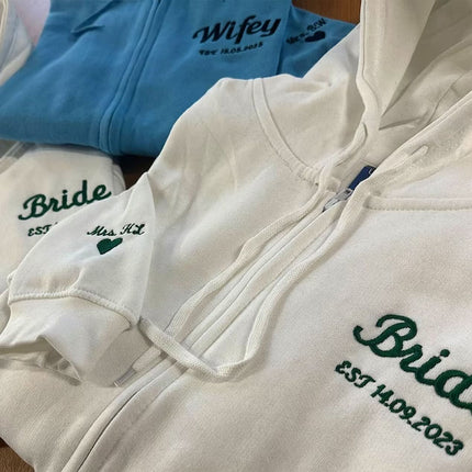 Wifey Embroidered Initial Zip Up Hoodie, Bride Sweater, Personalised Mrs Maid of Honour Hubby Jumper Bride and Groom Bachelorette Party Gift