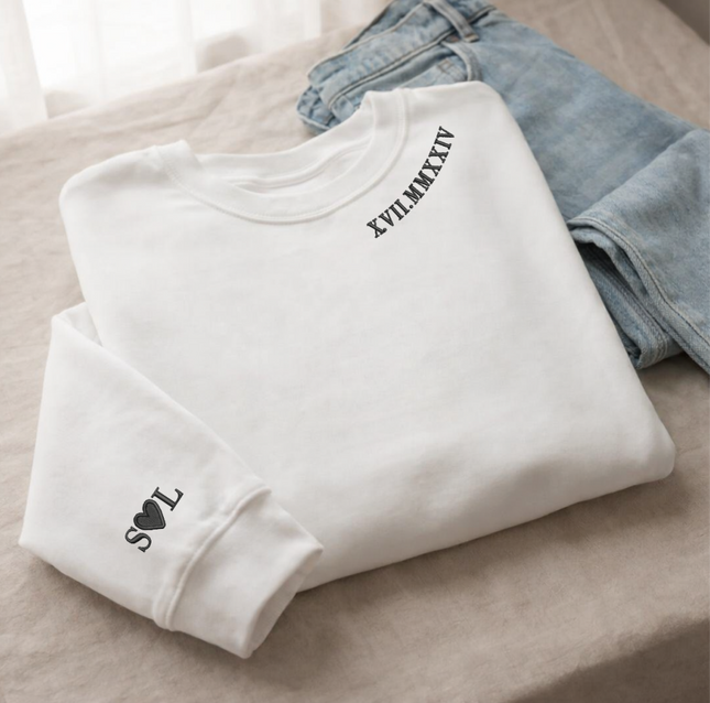 Personalised Roman Numeral Sweater, Wedding One Year Anniversary Date Wifey Jumper, Embroidered Crewneck Sweatshirt, 7th Anniversary Gifts