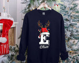 Christmas Reindeer Horns Sweatshirt, Custom Name With Initials Printed Sweater, Personalised Family Pullover Jumper, Christmas Eve Party Top