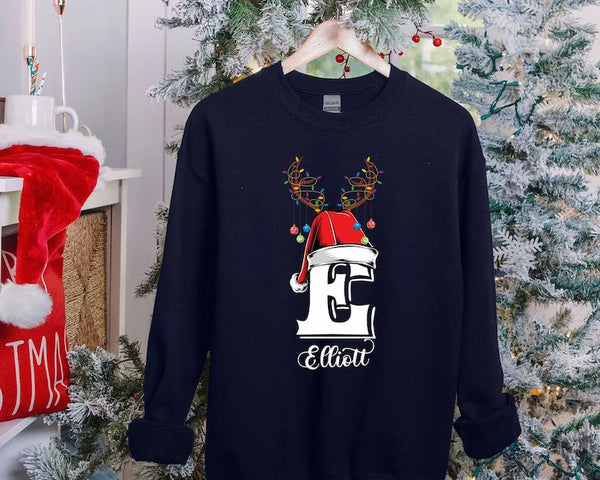 Christmas Reindeer Horns Sweatshirt, Custom Name With Initials Printed Sweater, Personalised Family Pullover Jumper, Christmas Eve Party Top