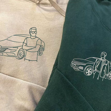 Custom Car Embroidered Photo Hoodie, Outline Car Portrait from Photo Jumper, Personalised Sketch Couples Hoody, Memorial Car Lover Guy Gift
