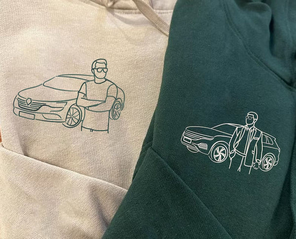 Custom Car Embroidered Photo Hoodie, Outline Car Portrait from Photo Jumper, Personalised Sketch Couples Hoody, Memorial Car Lover Guy Gift