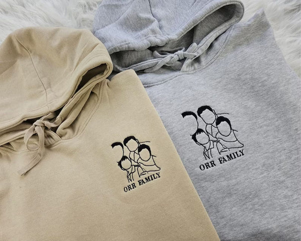 Custom Photo Embroidered Hoodie, Personalised Family Matching Sketch from Photo Unisex Jumper, 1st Anniversary Special Date Initial Outfits