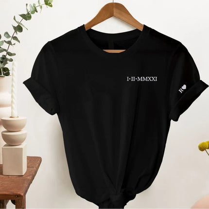 Custom Special Date Anniversary T Shirt, Roman Numeral Embroidered T Shirt, Personalised One Year Dating Gift For Couple Off White Tee Shirt
