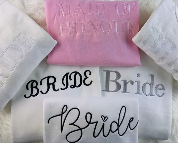 Bride Sweatshirt, Wifey Embroidered Crewneck Jumper, Maid of Honour Hubby Jumper, Couple Matching Hen Do Bachelor Party Wedding Gift for Mrs