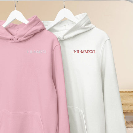 Roman Numeral Hoodie, Embroidered Hoodie, GF BF Couple Matching Sweater, Cotton Anniversary Wedding Special Date Roman Numeral Wifey Jumper
