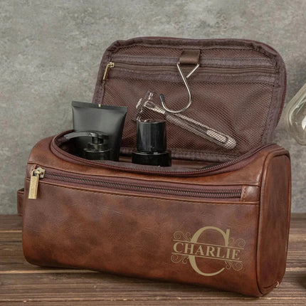 Custom Mens Leather Toiletry Bag, Personalised Engraved Leather Dopp Kit, Wedding Gift