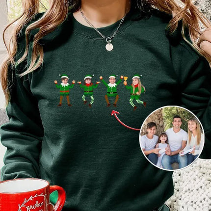 Family Photo Elf Christmas Sweatshirt, Personalised Dancing Elf Printed Sweatshirt, Xmas Elf Party Family Matching Top, Funny Christmas Gift