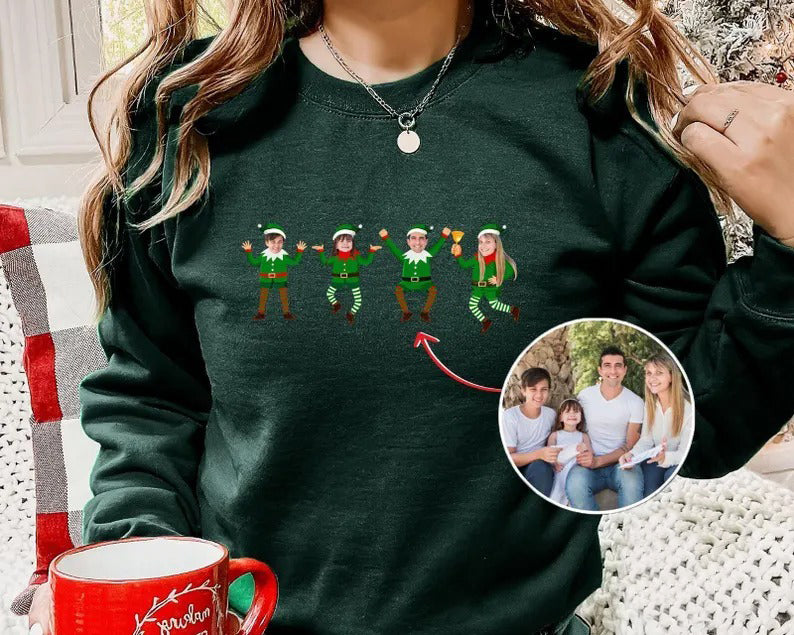 Family Photo Elf Christmas Sweatshirt, Personalised Dancing Elf Printed Sweatshirt, Xmas Elf Party Family Matching Top, Funny Christmas Gift