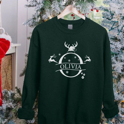 Custom Initial Christmas Sweatshirt, Custom Name Reindeer Horns Xmas Sweater, Personalise Family Matching Jumper, Christmas Couple Eve Gifts