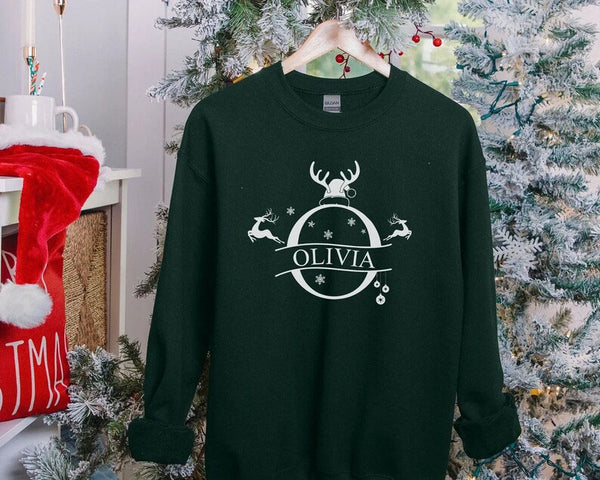 Custom Initial Christmas Sweatshirt, Custom Name Reindeer Horns Xmas Sweater, Personalise Family Matching Jumper, Christmas Couple Eve Gifts