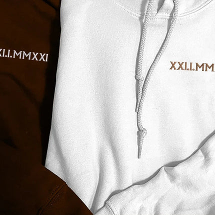 One Year Anniversary Roman Numeral Hoodie, Custom Wedding Date Embroidered Wifey Jumper, 7th Anniversary Gift Couple Matching Sweatshirt