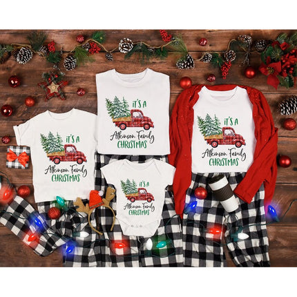 Christmas Matching Family Tshirt, Buffalo Plaid Christmas Truck Printed Shirts, Personalised Family Last Name Xmas Eve Matching Comfy Outfit